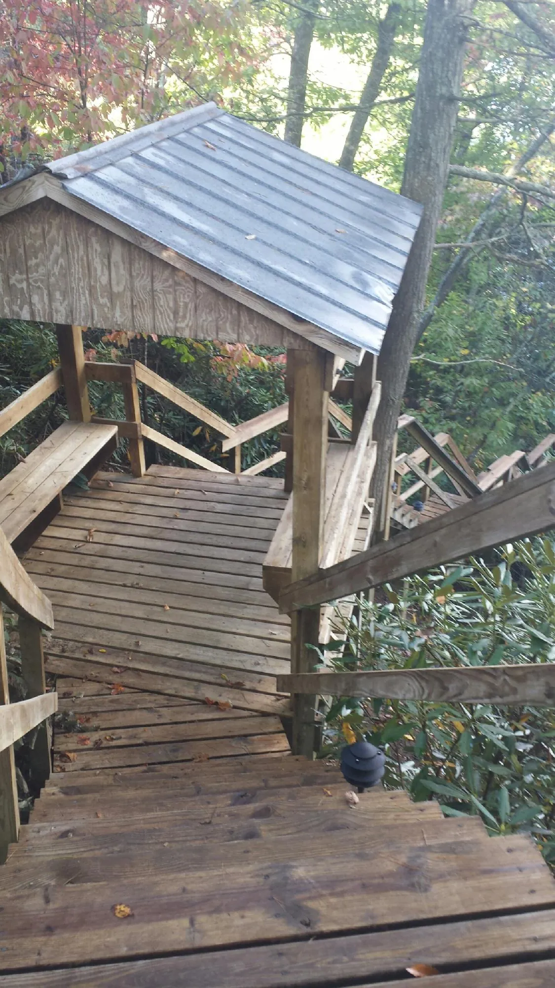 Metal roofed shelter over wooden steps on a wooded walkway — Skylight Repair & Installation work by our crew in Eastlake Weir